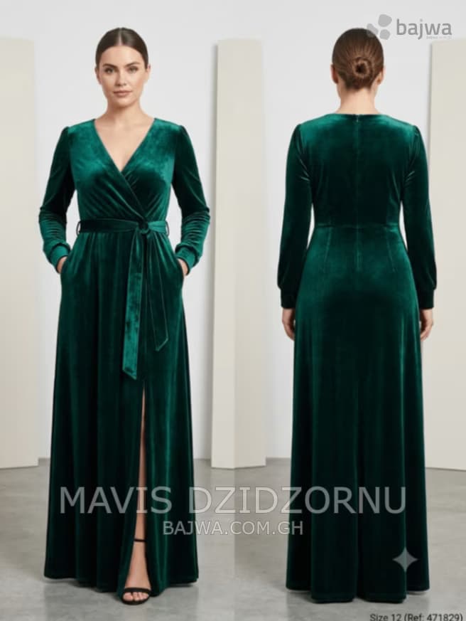 Velvet Wrap Belted Maxi Dress with Front Slit